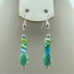 New Artisan Made Green Blue Faceted Bead Drop Earrings Silver Tone